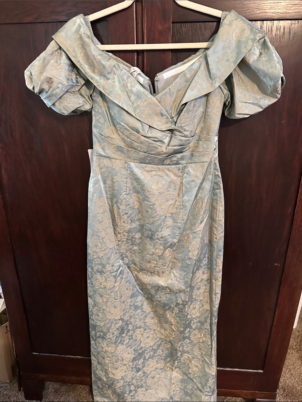 Azazie Blue and Cream Floral Off-Shoulder Dress